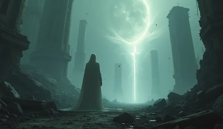 Horror scenario,  digital art science fiction in 3D . Azariel, a Divine being, observing the ruins of human cities, with a solemn expression.  The Earth is devastated ,  and Azariels light shines softly against the dark background. The scene is Cinematic, ...