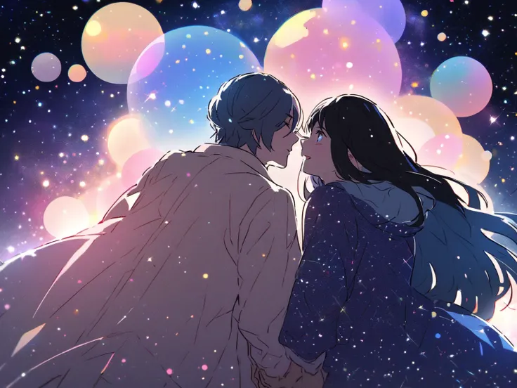 Stargazing　 cool man　woman　 holds hands