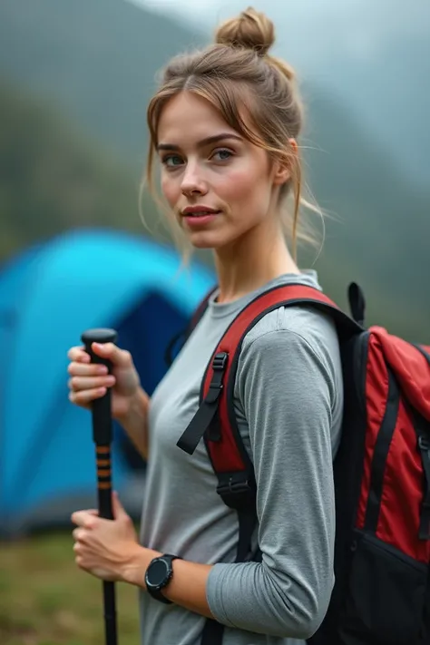 Prompt : A young woman stands outdoors, wearing a grey long-sleeve shirt and a red and black backpack. She has a confident expression, with her hair slightly tousled. In her hand, she holds a hiking pole. Behind her, a blue camping tent is set up against a...