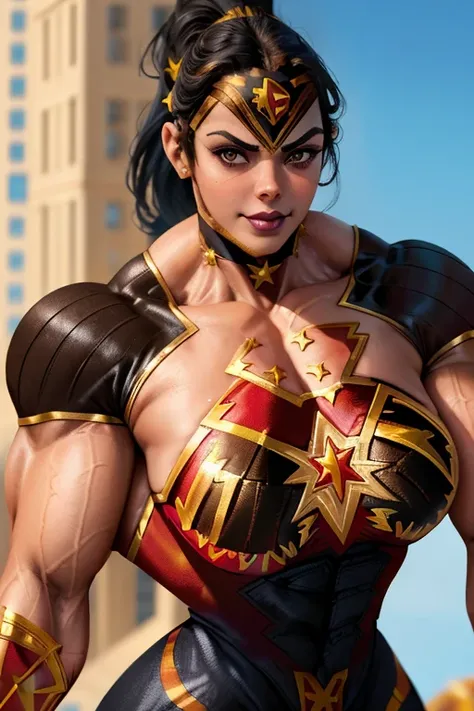 ((Close-up)), tall, jet black hair, beautiful muscular woman, wavy ponytail, light brown skinned, closed smile, (black lipstick), (massive muscles), (hyper muscle), ((ginormous bulky muscles)), white eyes, (((((wonder girl costume))))), boots, choker, (in ...