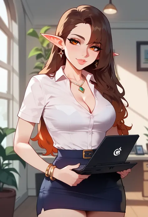 1 girl, alone, brown hair,  orange eyes , thick lips, long hair, collared shirt, short sleeves, frills on shirt, Holding a closed laptop , buckle, hourglass figure, Willow Yao, indoors, faint smile, permanent, split, pencil skirt, Detailed face and eyes, R...