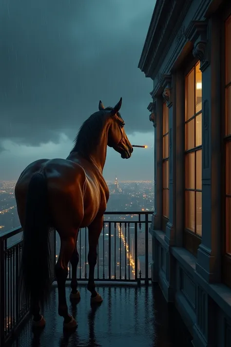 Horse standing on his balcoony in rain with ciggarete looking at Citi at night