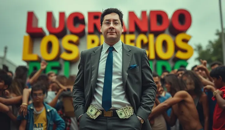 A man in a gray suit and blue tie, with his pockets full of dollars, and behind him many poor and crying Bolivian people. In red, yellow and green A well integrated  3D text “LUCRANDO CON LOS BENEFICIOS DEL ESTADO”