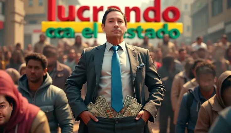 A man in a gray suit and blue tie, with his pockets full of dollars, and behind him many poor and crying Bolivian people. In red, yellow and green A well integrated  3D text “LUCRANDO CON EL ESTADO”