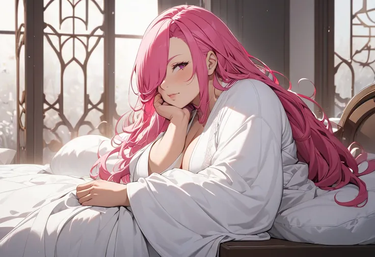 (beautiful and delicate) (Spectacular views illustration), (in a simple winter white Robe), solo, profile, (beautiful dark:1.4 skin), ((hair over one eye, brown one eye)), vivid pink long hair, ultra strong Dwarf Woman, age 512, ultra Short stature and bea...