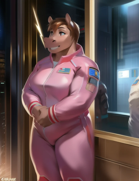 Solo, female Tall​,mannequin, standing, cyber trance​,hippo , Her hand holds a lightning bolt., Pink military spacesuit, overweight, muscular, Paranoia,by chunie