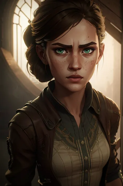 ellie williams, the last of us, sexy , beautiful detailed eyes, beautiful detailed lips, extremely detailed face and skin, 1girl, brown hair, green eyes, serious expression, intricate detailed clothing, highly detailed, 8k, ultra-detailed, photorealistic, ...