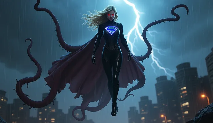  The powerful Supergirl with a symbiotic black costume ,  with brilliant blue and red details .  Your eyes shine brightly ,  and long organic tentacles come out of her back , forming a living cape .  She is floating above a dark and rainy city,  lightning ...