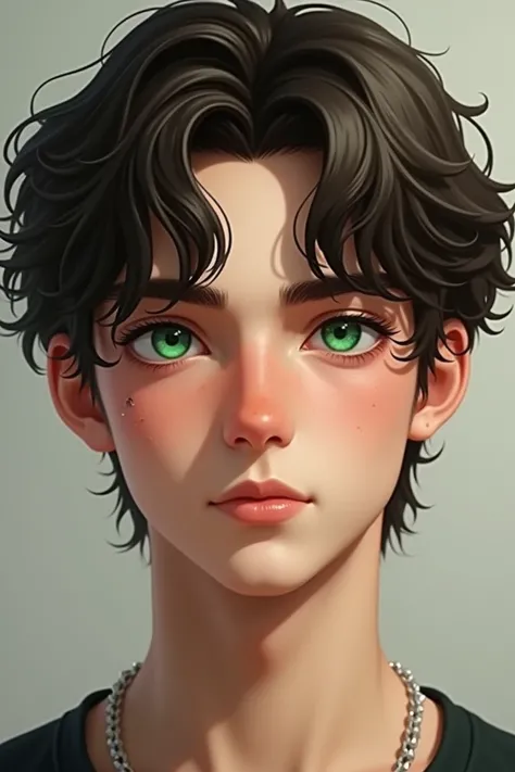 Eyes verdecito you get a little too much with a cut on the right small hair a lot but not so much normal ears small nose wavy face as a  male white