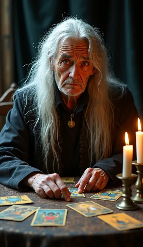  An elderly fortune teller seated at a table covered with tarot cards,  under the soft light of flickering candles . Your wrinkled face,  marked by time ,  displays a large wart on the left side of her cheek . The long white hair ,  disheveled and scattere...