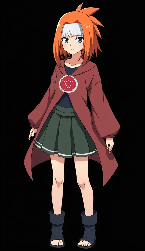 Naruto Shippuden anime style girl with full body red hair, fire-colored orange and very smooth with two white locks highlighted on the front, similar to those of Rogue from the X-Men, light blue-green eyes without flushed skin, beautiful old girl: 14-year-...