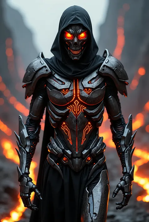 breathtaking cinematic science fiction photo of a portrait of a non human masked Grim dressed as a volcanic wraith knight in volcanic metalskin, body full glowing metrics inside, glowing multicoloured eyes, multifaceted eyes, metallic arms, in a landscapef...