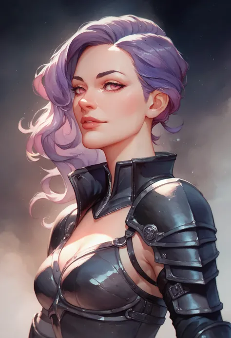 woman, purple hair,  black leather armor on the chest, short roxo,  high black boot , pink eyes, watercolor style, large back  