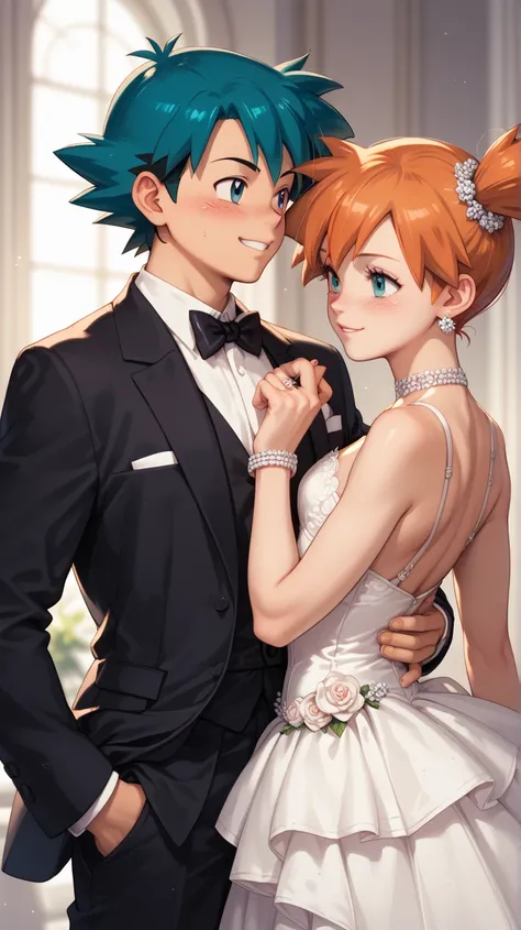 1boy, Ash ketchum from pokemon, tuxedo.
1girl, Misty from Pokemon, petite, fit, wedding