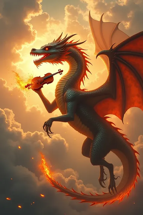 Flying dragon pouring fire through his mouth and playing the violin 