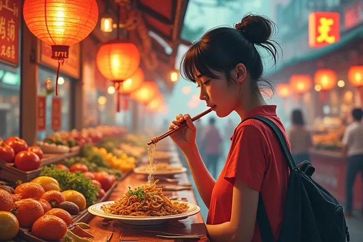  Create an image for the article card about economical food when traveling.  Picture a vibrant street market with a variety of food :  Asian food ,  fresh fruits and vegetables , street stalls .  Add elements of economy ,  like low-price price tags or Happ...