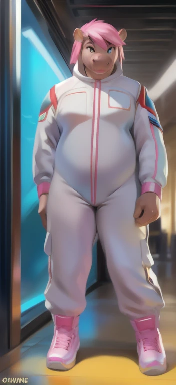 Solo, female Tall​,mannequin, standing, cyber trance​,hippo , Her hand holds a lightning bolt., pink military spacesuit, overweight, muscular, Paranoia,Beautiful pink hair, by chunie