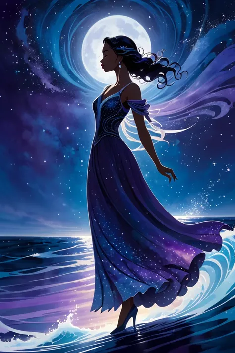 elegant silhouette of a confident woman standing at the bow of a majestic ship is illuminated by soft moonlight,
 with waves gently rippling around it. the womans posture exudes strength and determination,
 wearing a flowing dress that moves with the breez...