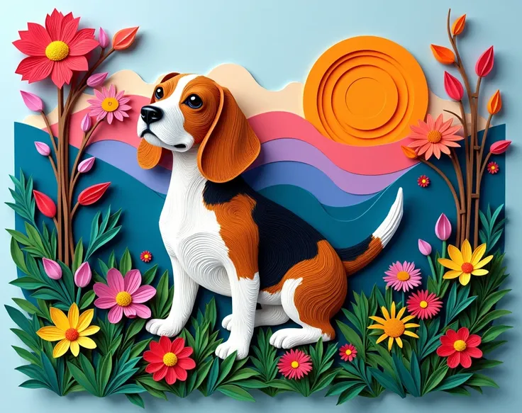 Masterpiece, Award Winning, Best Quality, UHD, High Quality, quilling paper art, 3d, depth,  Design a colorful, abstract masterpiece featuring a beagle in a dreamlike landscape. Incorporate bold shapes and vivid hues that capture the essence of the playful...