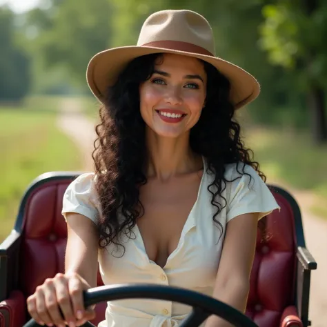  Young beautiful woman ,  european type ,  black long curly hair ,  bright blue shining eyes ,  fiery red full lips ,  naturally made up , small solid tits ,  tanned skin ,  slim figure ,  dressed in a sexy white dress from the early twentieth century,  on...