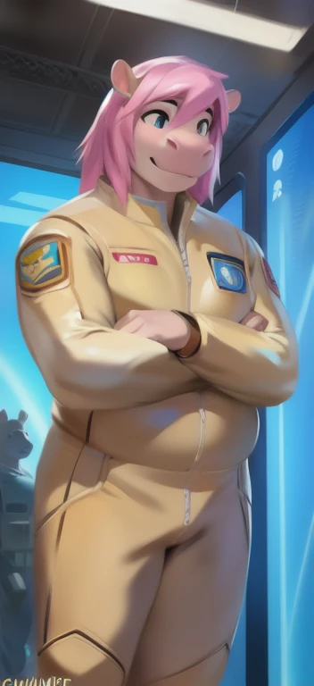 Solo, female Tall​,mannequin, standing, cyber trance​,hippo , Her hand holds a lightning bolt., pink military spacesuit, overweight, muscular, Paranoia,Beautiful pink hair long , by chunie