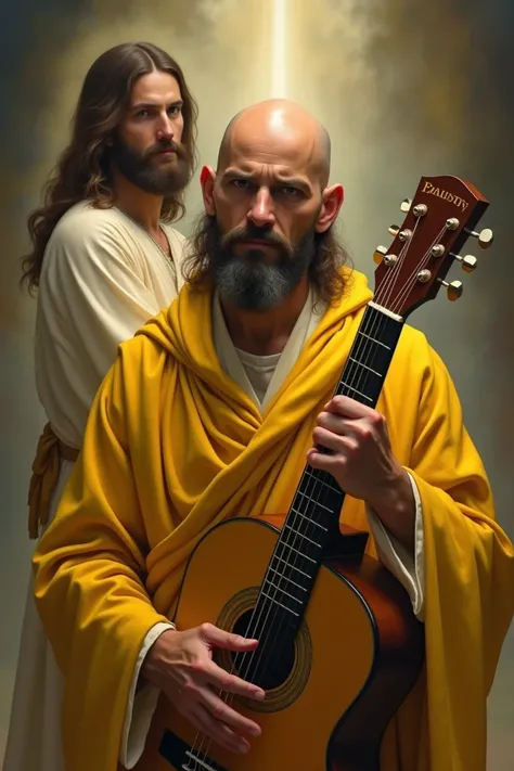 A bald man dressed in a yellow robe with a guitar in his hand and Jesus by his side