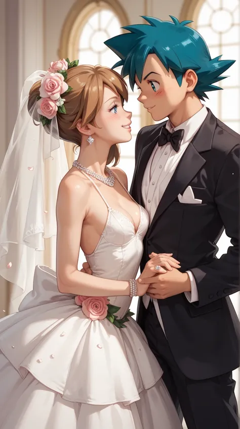 1boy, Ash ketchum from pokemon, tuxedo.
1girl, May from Pokemon, petite, fit, wedding