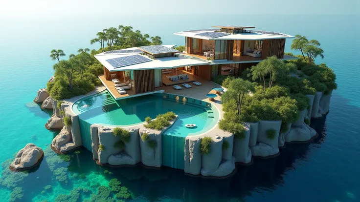 A futuristic eco-resort built on a floating island, featuring modern architecture integrated with waterfalls, solar panels, and glass walkways overlooking coral reefs