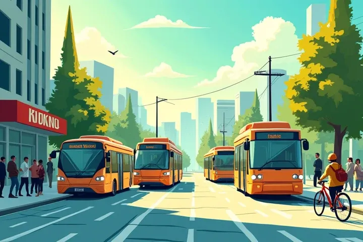  Create an image for an article card about economical and convenient travel when traveling.  Show a dynamic scene with different modes of transport : bus,  train, metro, bicycle,  accents as well as pedestrians on a cozy .  Add elements of economy ,  such ...