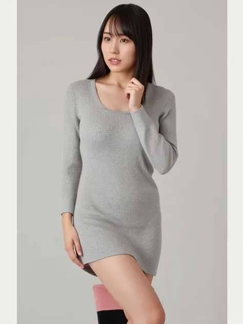 Put her on a knit dress showing her cleavage 、 make an image where you can see her whole body by wearing gray over-the-knee high socks。