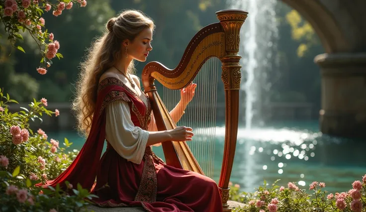 beautiful medieval woman , sexy playing harp, in front of water fountain