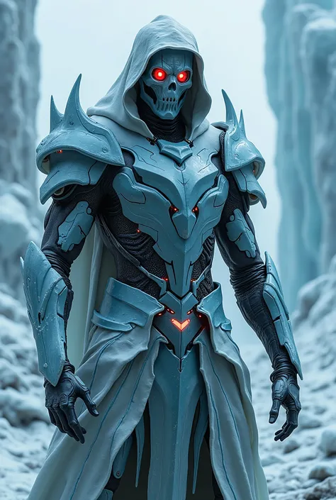 breathtaking cinematic science fiction photo of a portrait of a non human masked Grim dressed as a iced out wraith knight in ice metalskin, body full glowing metrics inside, glowing multicoloured eyes, multifaceted eyes, metallic arms, in a landscapefull o...