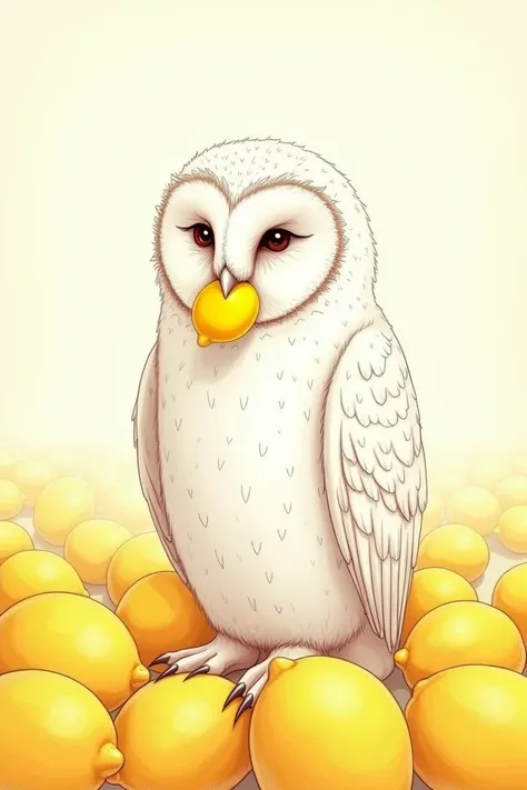  Line drawing of an owl with a lemon in its beak, light background surrounded by lemons 