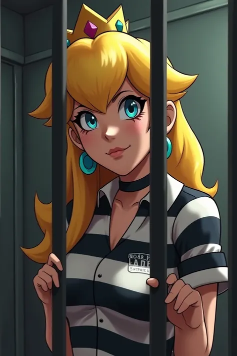 Flirty Princess Peach, wearing a black and white striped prison uniform, locked up in prison