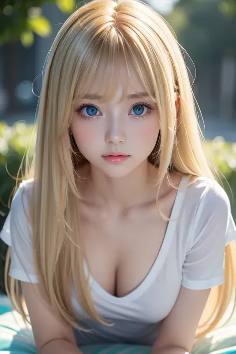  unrivaled beauty 、Extraordinary Blonde Beautiful Girl 、 Beautiful Innocent First 々Shy hood Appearance 、,  Shy Yet Bright Expression 、 lie down、 Shiny, Glowing Firmness and Shiny Skin 、 bangs between eyes、 Shiny Straight Beautiful Bright Platina Blonde、 Su...