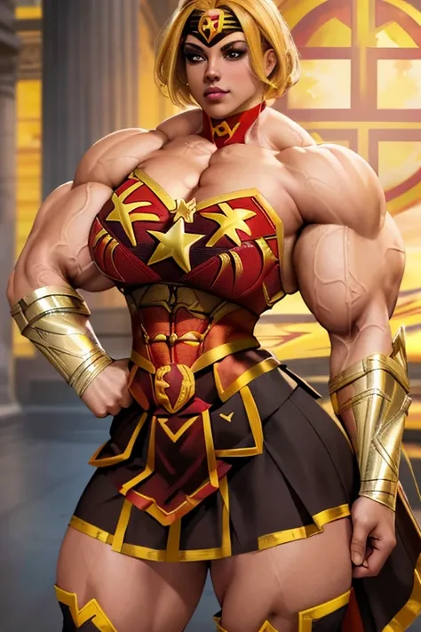 ((Close-up)), tall, (yellow hair), beautiful muscular Latino woman, long yellow hair, brown skinned, closed smile, large breast, (black lipstick), (massive muscles), (hyper muscle), ((ginormous bulky muscles)), gray eyes, (((((wonder girl costume with skir...