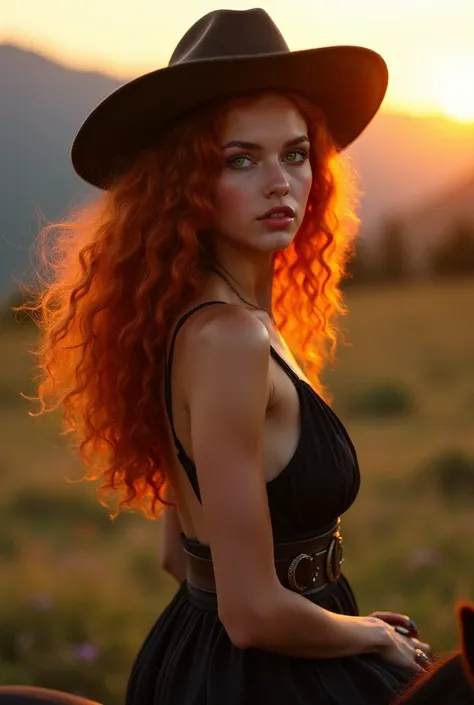  Young beautiful woman ,  european type ,  fiery red long curly hair ,  bright green shining eyes ,  fiery red full lips ,  naturally made up , small solid tits ,  tanned skin ,  slim figure ,  dressed in a cowboy dress ,  deep neckline ,  a cowboy hat on ...