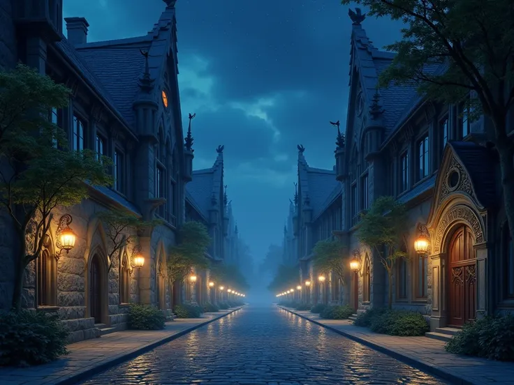 elven street at night, tall buildings, no citizens, empty street