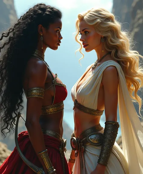  Now create a black woman with long black hair holding a bow and arrow and a woman with fair skin and wavy blond hair with blue eyes, wearing a dress and holding a sword .