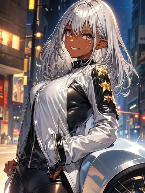 Get on a bike、((Shiny Biker Jackets ))、 greatest masterpiece、 high definition 、 High Quality 、32K、( Dark Elf Teenager Women、1 person、 holding a star 、 normal sized breasts、((Beautiful silver hair、 medium hair))、((Tanned dark skin))、  golden eyes 、輝く瞳)、 smi...