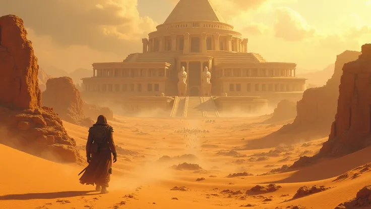 In a vast fantasy world, I journey through an endless desert toward the largest city in this realm. In the distance, its majestic grandeur becomes clear—massive stone walls rise above the sands, adorned with monumental statues resembling colossal earth gol...