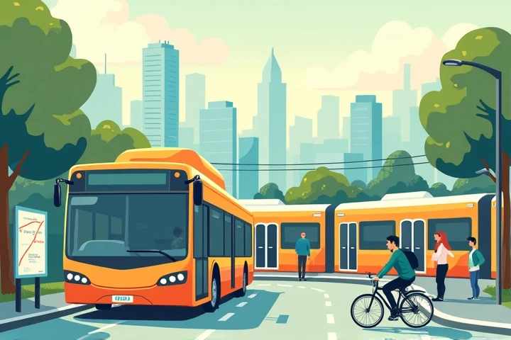  Create an image for an article card about inexpensive and convenient ways to travel in traveling.  Visualize a scene with elements of economical transport :  bus at the , train on the platform ,  cyclist on a city street and pedestrians with route map .  ...