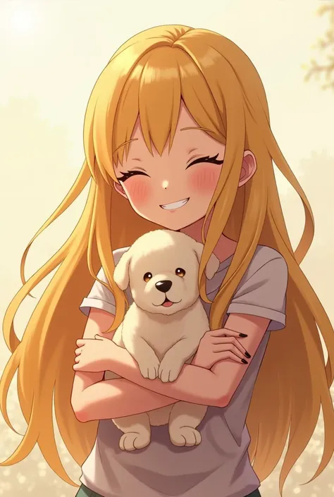  1 girl ,  long hair, Blonde,  smiles, Holding a puppy