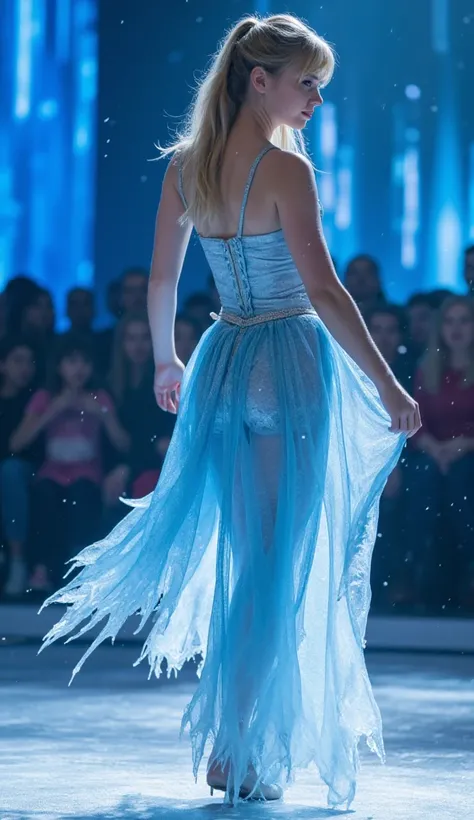 A beautiful woman of 25 years old with pale, cracked porcelain-like skin struts gracefully on the brightly lit stage of Got Talent. Frozen tears glisten on her face, reflecting the intense spotlight. She wears a shimmering blue dress that appears to be mad...