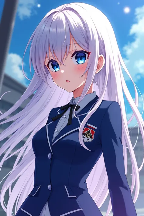 Anime girl in the style of Boku no Hero with long white hair with bangs and dark blue eyes and a UA uniform