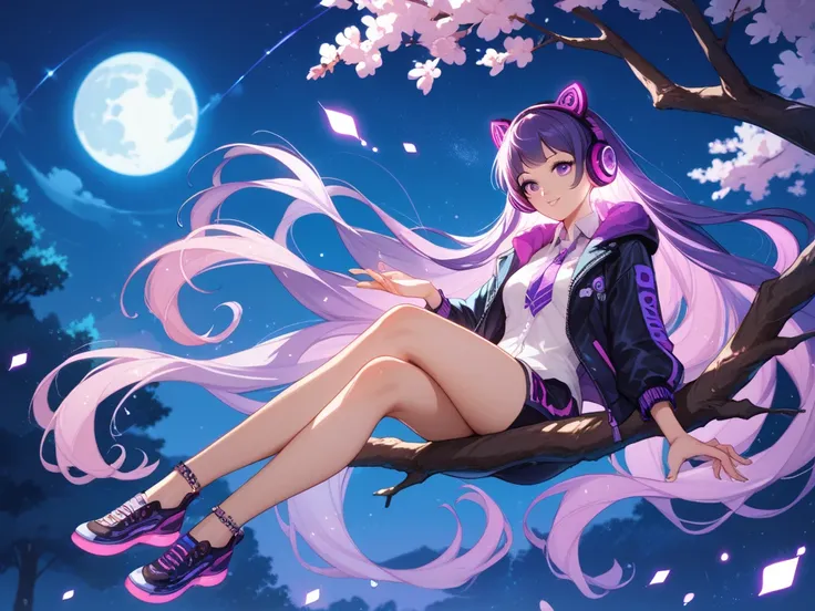 DJ, headphone, source_anime, 1girl,beautiful idol, very long hair, floating hair,glowing hair, 
 night scene, moon in the sky, purple hues,starry night, dreamlike atmosphere,glowing edges, mystical,high contrast, ethereal light,sitting on a tree branch,lig...