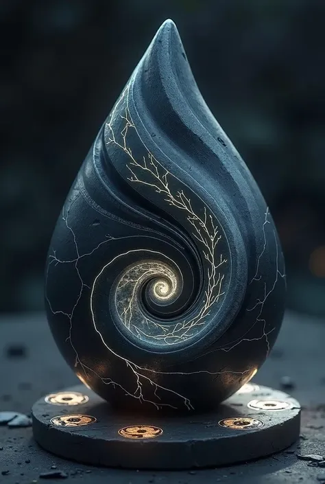 A small, tear-shaped artifact about 10 cm in length, drawn in a detailed, animated style. The surface is made of smooth, opaque black metal resembling obsidian, with an almost liquid texture. Delicate, living spirals of crackling energy run across the surf...