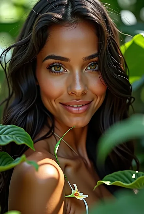  A Brazilian woman in a lush tropical garden,  with a close up capturing the harmonious beauty between her breasts and natural flowers,  showing your natural charm and outgoing personality.