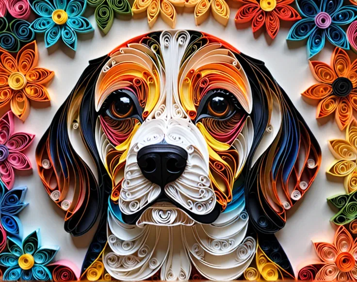 Masterpiece, Award Winning, Best Quality, UHD, High Quality, quilling paper art, 3d, depth,  Design a colorful, masterpiece featuring a beagle