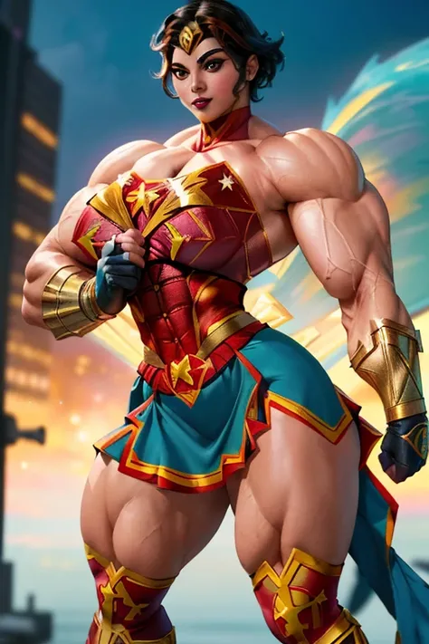 ((Close-up)), tall, ((cyan hair)), beautiful muscular woman, long hair, white skinned, closed smile, large breast, (black lipstick), (massive muscles), (hyper muscle), ((ginormous bulky muscles)), purple eyes, (((((wonder girl costume with skirt))))), boot...